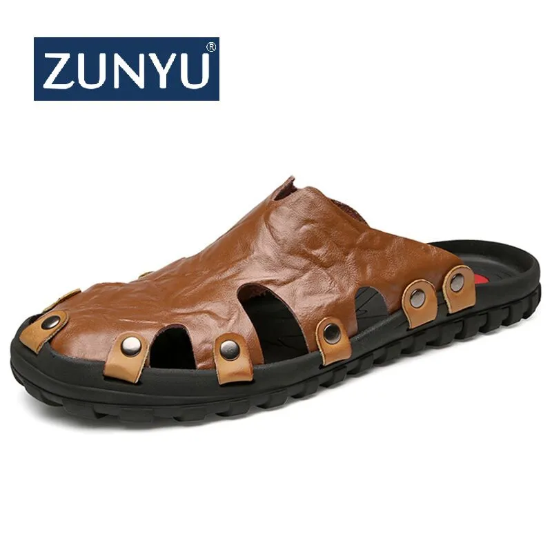 

ZUNYU New Summer Men Leather Slippers Fashion Male Slippers High Quality Summer Beach Slippers Men's Massage Slipper Big Size 48