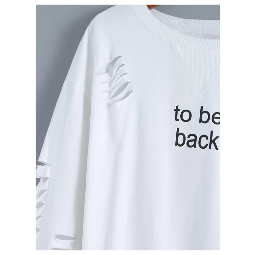Women's New Fashion Spring Autumn Hole Sweatshirts Hoodies Letters Printed Female Pullover Loose White Long Sleeved Casual Str