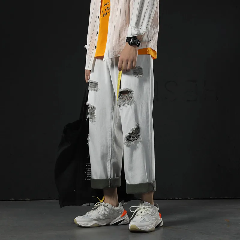 Man Straight Jeans loose Ripped Holes Men Jean Spring Summer Ins Style Hip Hop skateboard Male 5