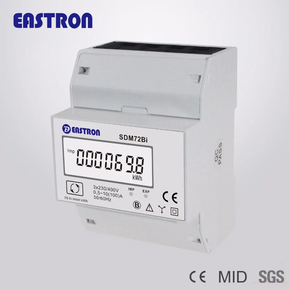 

SDM72Bi, 10(100)A, 220/230V, 3 phase 4 wire energy meter resettable kWh Bi-directional Pulse output 4 module wide din rail meter
