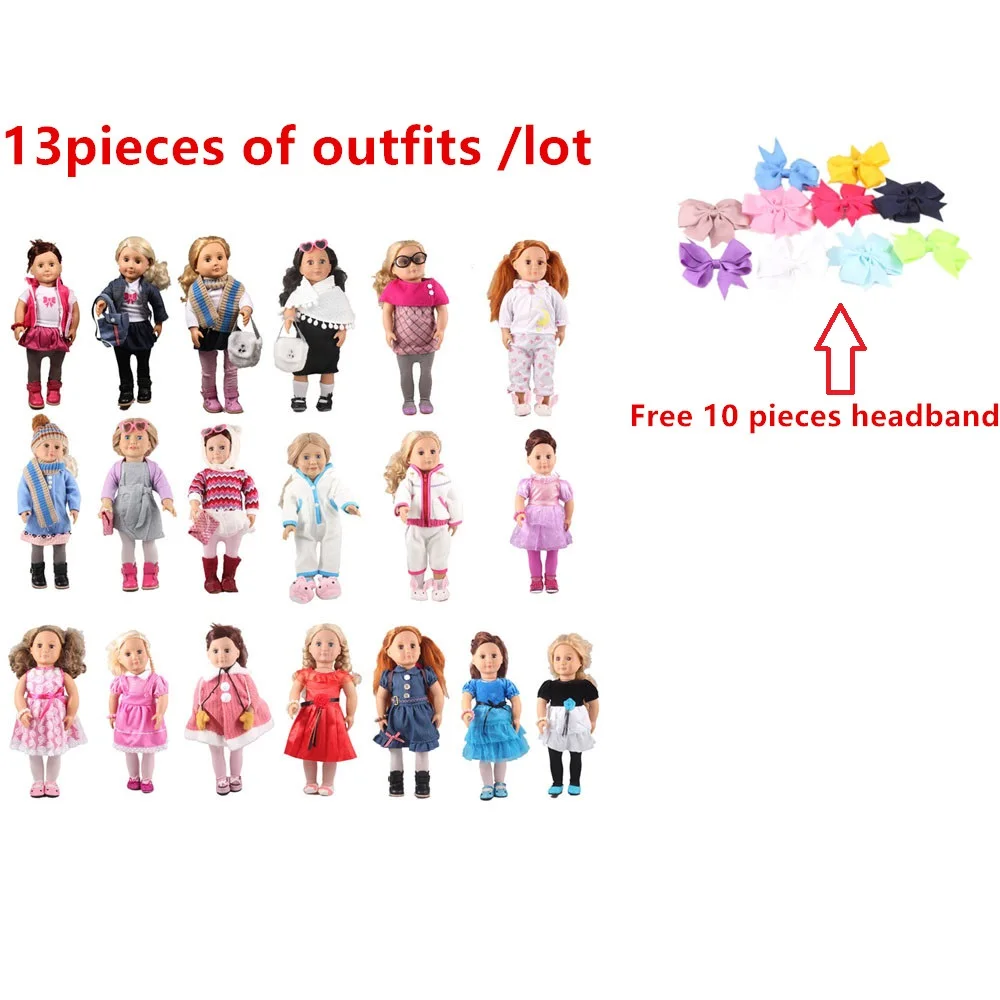 

Girl Doll 19 Styles Mixed 13Pieces Different Outfits With Shoes Bags Tights +10 Pieces Free Mixed Headbands For 18inch