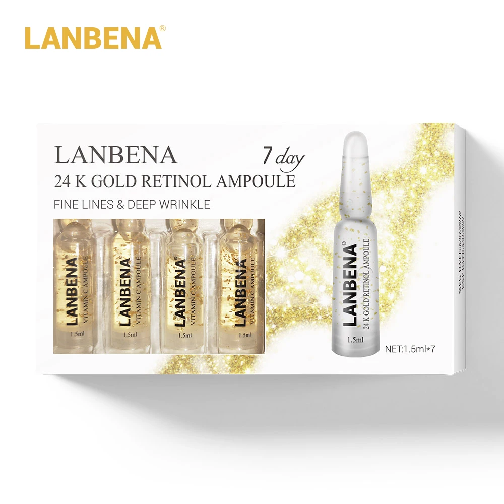 LANBENA 24K золотой ретинол+ Q10+ ампульная Сыворотка гиалуроновая кислота+ витамин С+ Антивозрастная отечность морщин Увлажняющий уход за кожей с сывороткой