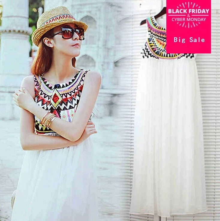 

New Fashion Heavy Embroidered Dress 2019 summer sleeveless Elegant Temperament Bohemia Beach Long Dress G372