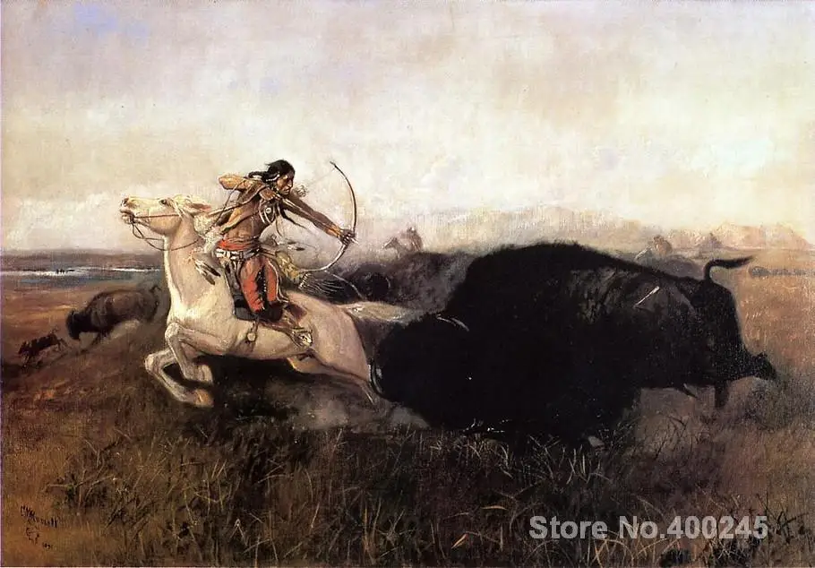 

Indians Hunting Buffalo by Charles Marion Russell paintings For sale Home Decor Hand painted High quality