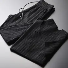 Minglu летние мужские комплекты(T-SHIRTS+ брюки) роскошный китайский стиль Кнопка короткий рукав мужские s наборы плюс размер 4xl Полосатый Тонкий мужские наборы
