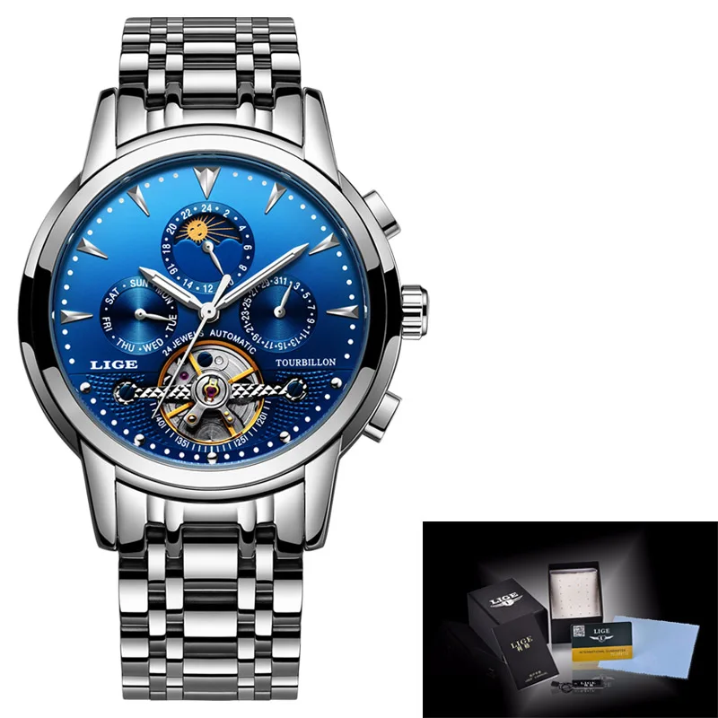 LIGE новые мужские модные кожаные автоматические механические часы с турбийоном, спортивные часы с календарем, фазой Луны, мужские часы+ коробка - Цвет: Steel Silver blue