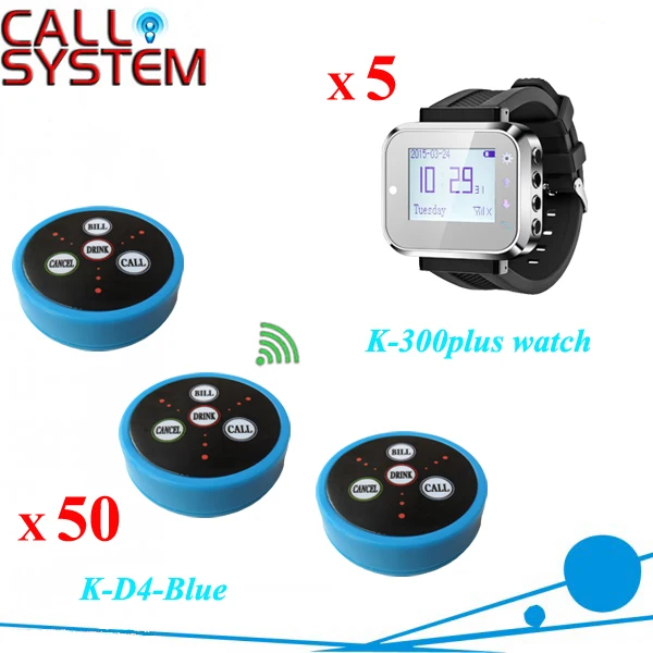 

1 set Wireless Call Button System for restaurant service 5 hand watch receiver 40pcs alarm bell