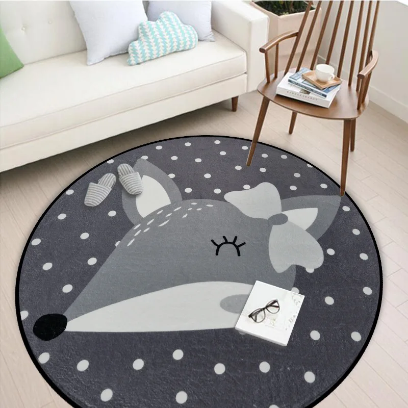 Best White Grey Cartoon Animals Bear Fox Panda Round Tapete For Living Room Bedroom Home Decor Carpet Rug Children Kids Soft Play Mat