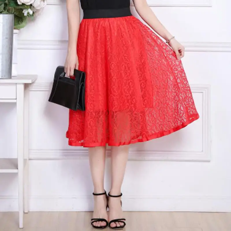 

Zuolunouba New Summer Fashion Red Wine Hollow Harajuku Women Skirt Casual Elastic Waist Lace Female Skirts