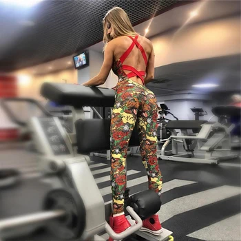 

Women Suspender Jumpsuit One Piece Fitness Sportswear Tight Romper Backless Overalls Workout Print Jogger Tracksuit Active Wear