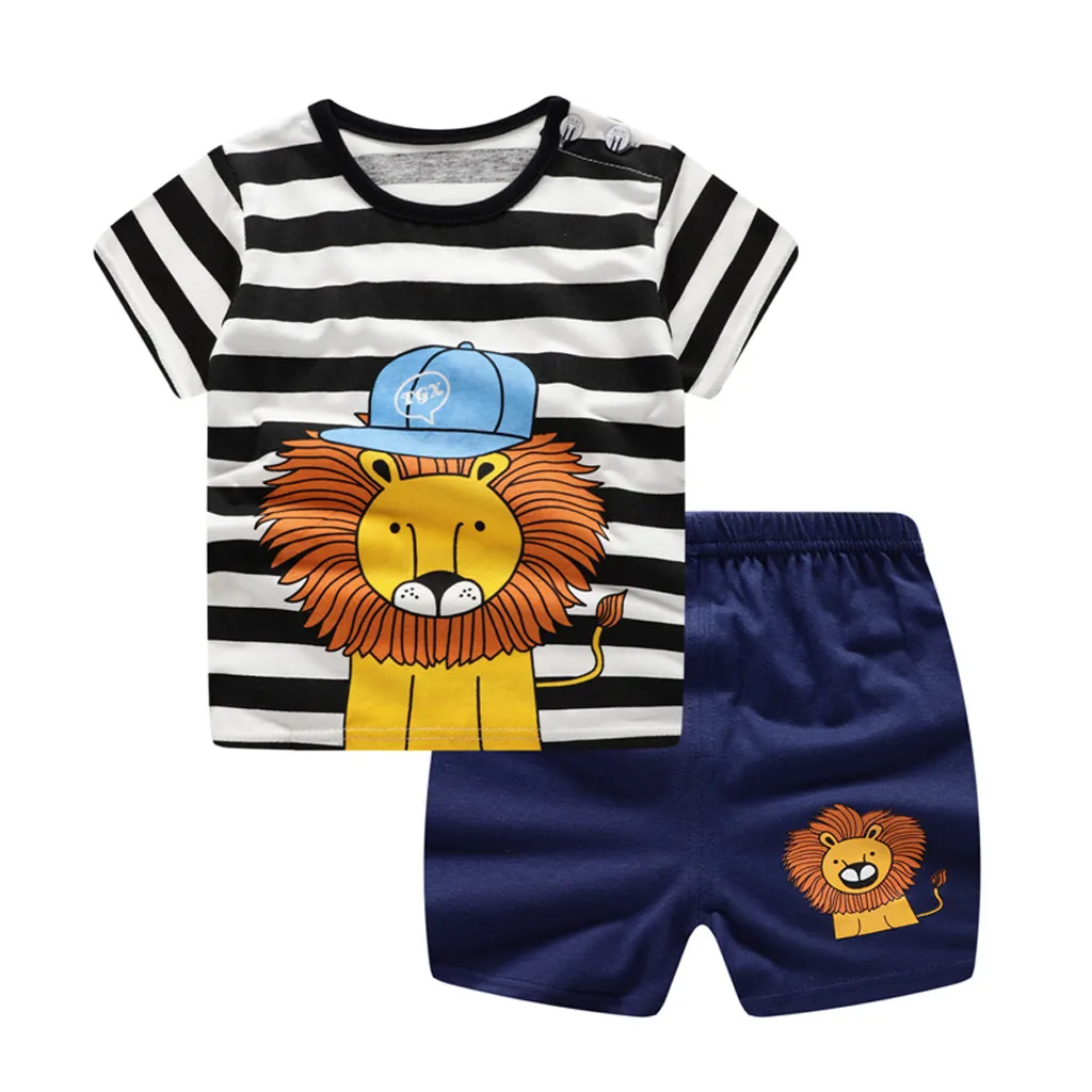 Футболка с короткими рукавами в полоску с рисунком льва для маленьких мальчиков+ комплект шорт с принтом льва хлопковая одежда с героями мультфильмов - Цвет: Тёмно-синий