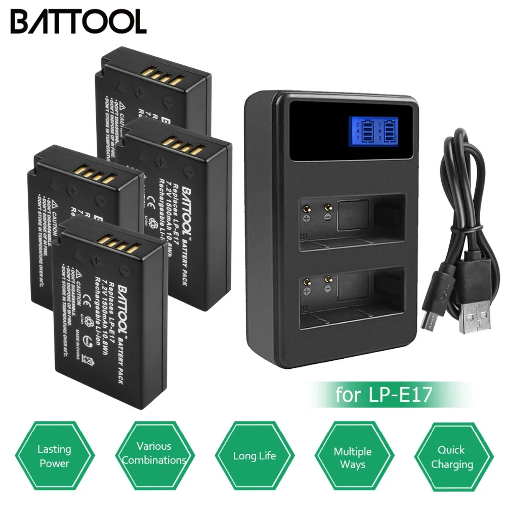 

BATTOOL for Canon 1500mAh 7.2V LP-E17 LPE17 LP E17 Battery + LCD Dual Charger EOS M3 M5 750D 760D T6i T6s 800D 8000D Kiss X8i