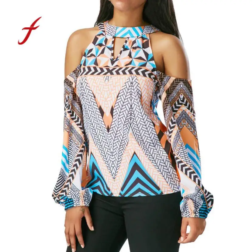

feitong Women Off Shoulder Retro Geometry Bohemia Tops T-Shirt Female Ladies Hollow Out Pullover Clothes