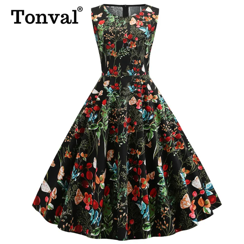 Tonval рокабилли Гламурное разноцветное платье с цветочным рисунком в стиле ретро, женские хлопковые вечерние платья 1950 s, черное винтажное ТРАПЕЦИЕВИДНОЕ ПЛАТЬЕ