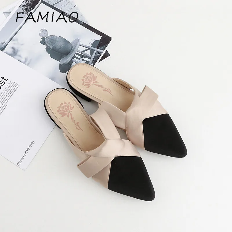 

FAMIAO Parkside Wind Women Slippers Velvet Butterfly-knot Women Sandals Pointed Toe Bowtie Flats Mules Summer Ladies Shoes