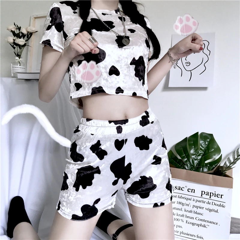 

Tracksuit Women Sets 2 Two Piece Skirt Set Club Outfits Top And Pants Milk Cow Pattern Print Crop Top + Biker Shorts Skirt