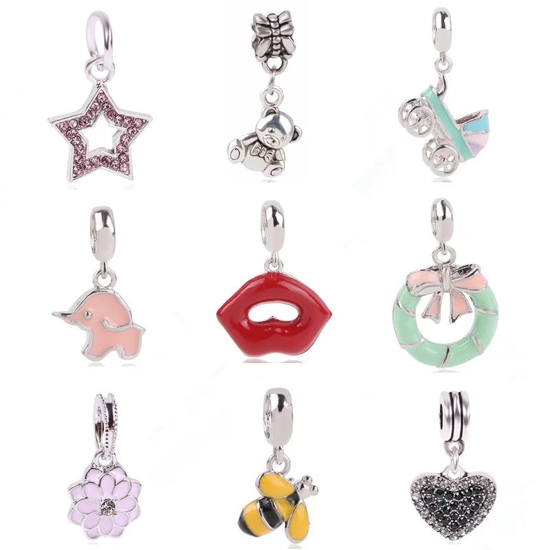 

RanqinOriginal Sexy Lips Cute Bear Pink Elephant Blue Dolphin Simple Smiley Series Fit Pandora Charm Bracelets DIY Women Jewelry