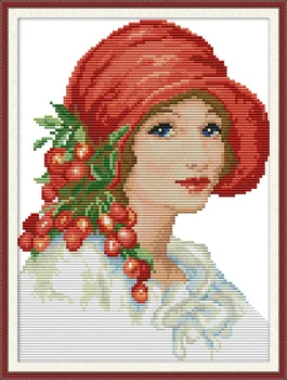 

Woman Wearing Red Hat DMC Counted Chinese Cross Stitch Kits Printed Cross-Stitch Set Embroidery Needlework