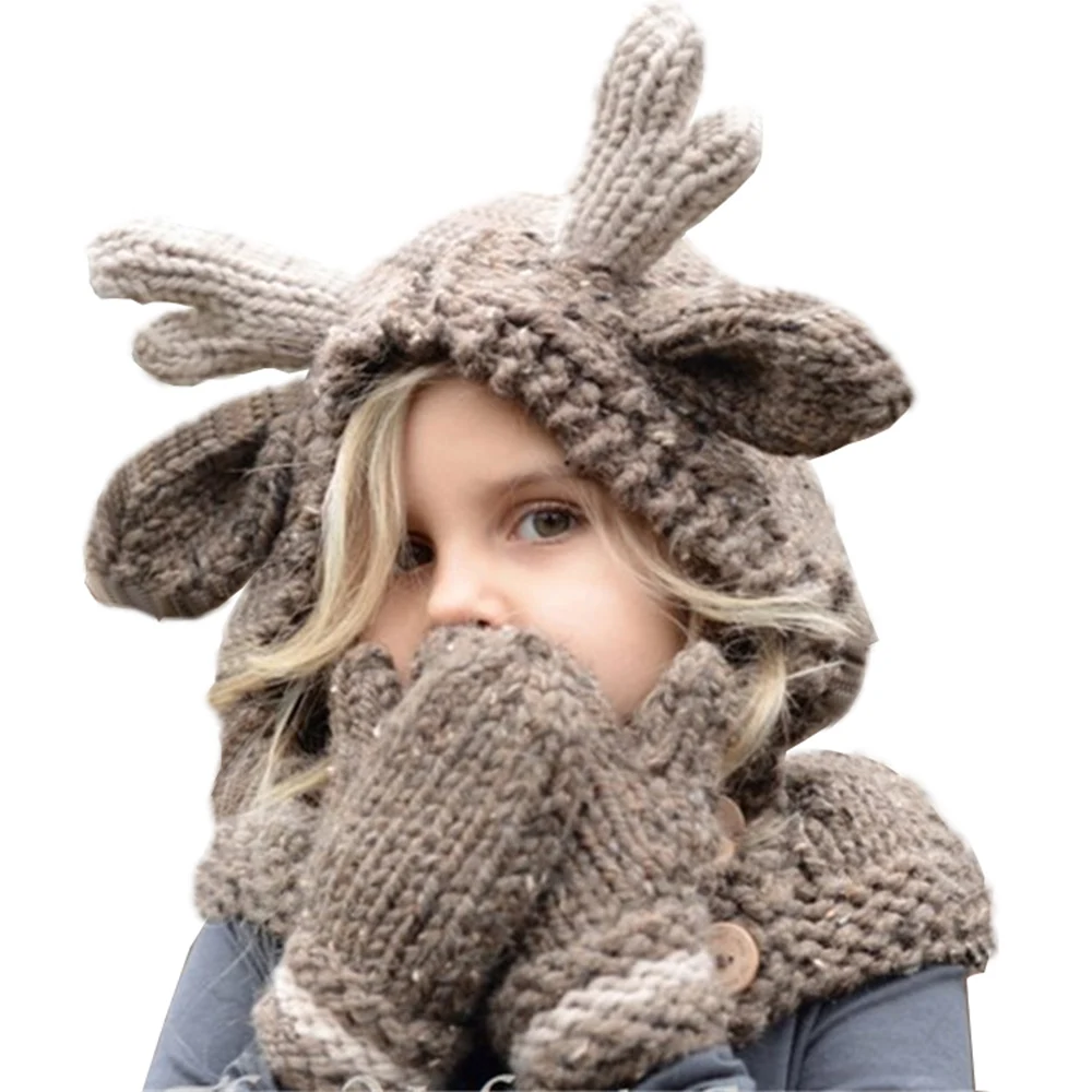 Зимний детский комплект из 2 предметов, шапки, шарфы, перчатки для девочек, милый стиль лося, милая Вязаная Шерсть, детская удлиненная шапка, глушитель, варежки
