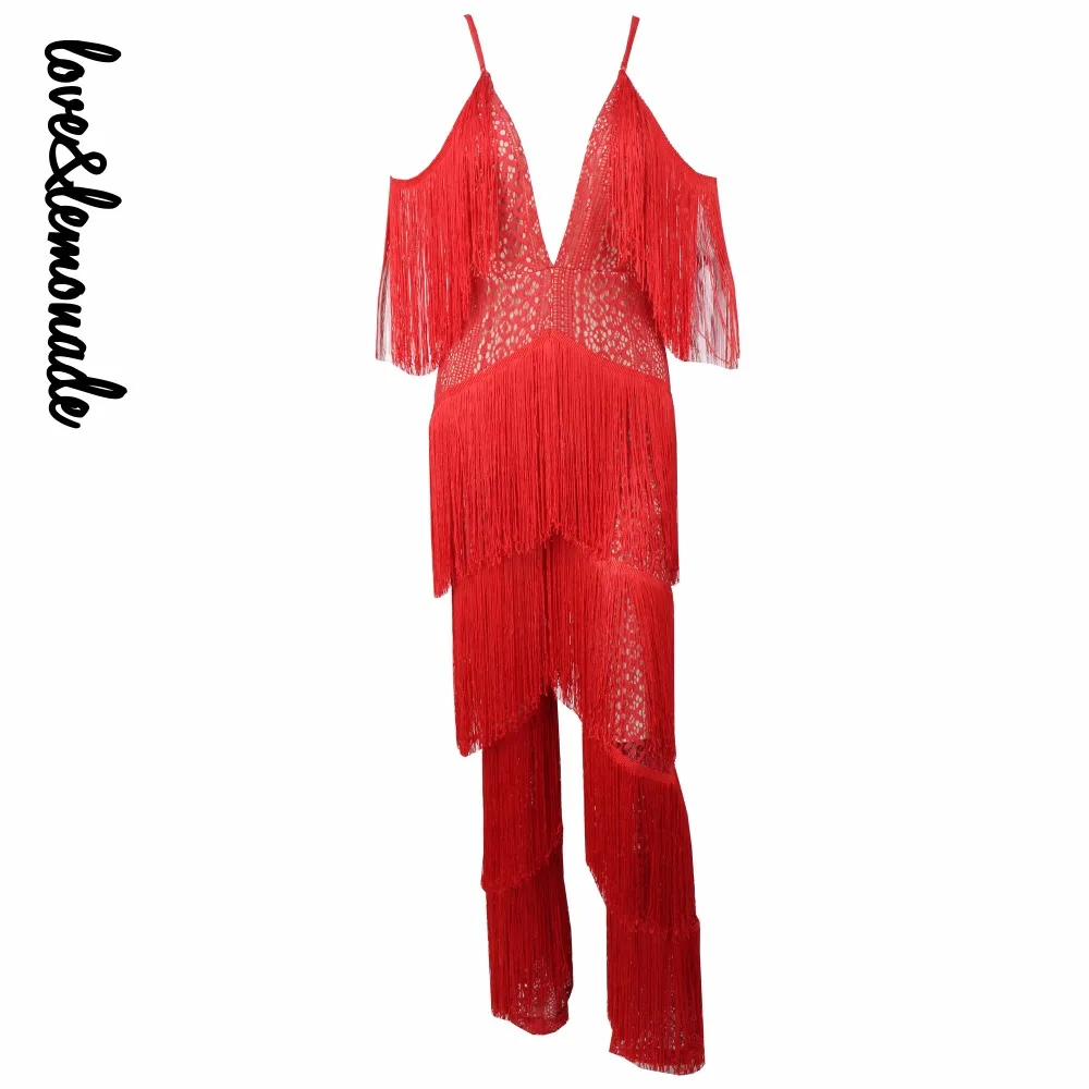 

Love&Lemonade Red Geometric Lace Tassel Deep V Collar Jumpsuit LM0172