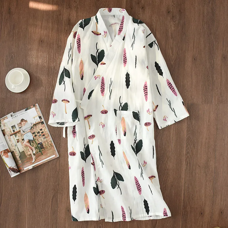 Женское японское кимоно юката, халат пеньюар из газовой ткани, халат из чистого хлопка с длинным рукавом, милые пижамы, весенне-летняя Домашняя одежда, Новинка - Цвет: White