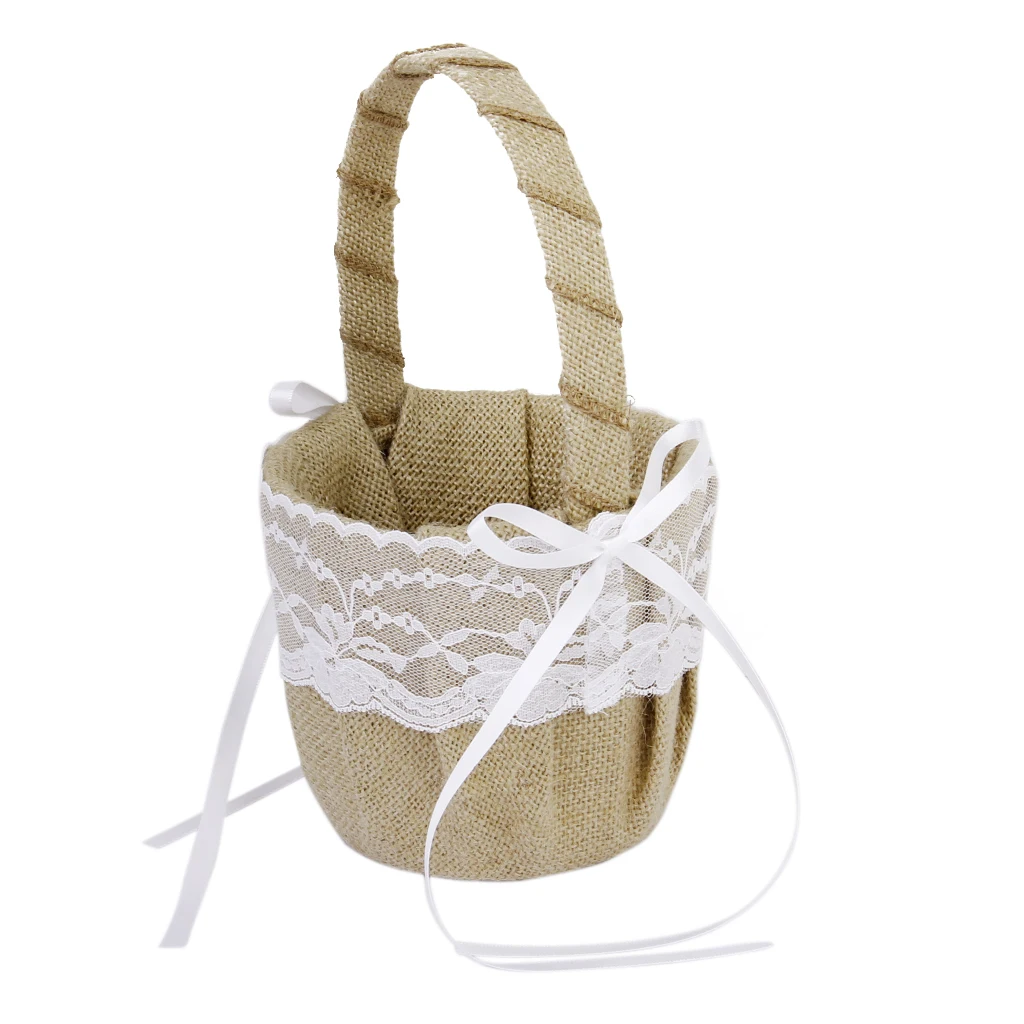

Handmade Burlap Jute Lace Embroidery Bowknot Flower Basket Rustic Wedding