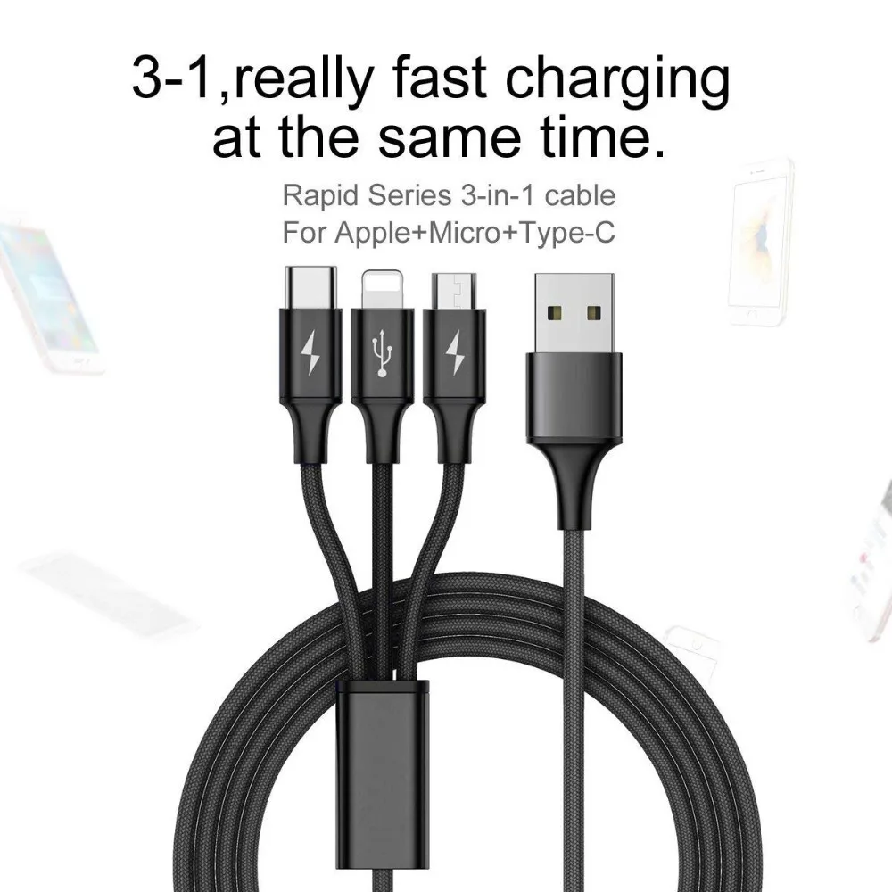 Fanshu 3 в 1 usb кабель для зарядки для iPhone XS X 8 7 6 зарядное устройство Micro USB нейлоновый плетеный кабель для Android USB TypeC IOS