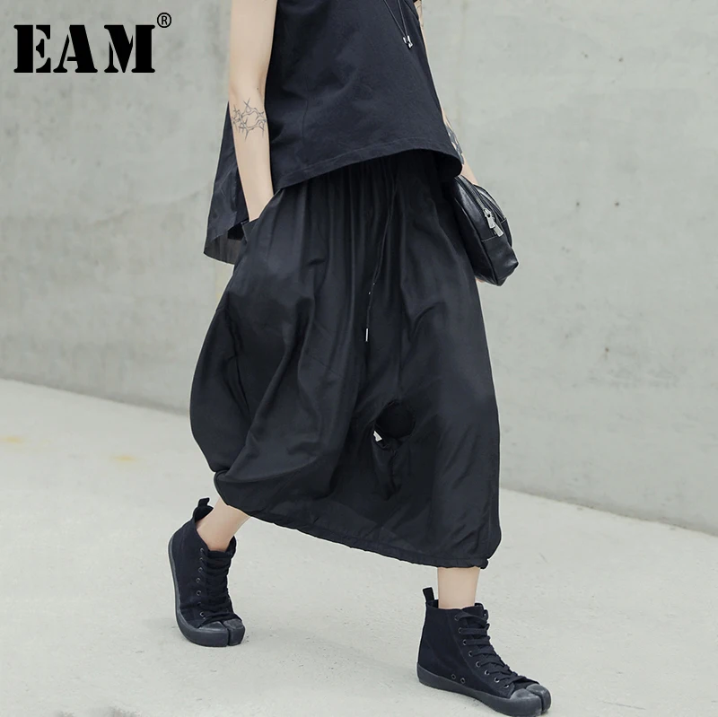 

[EAM] 2019 New Autumn Winter High Elastic Waist Black Leisure Hollow Out Loose Wide Leg Pants Women Trousers Fashion Tide JW540