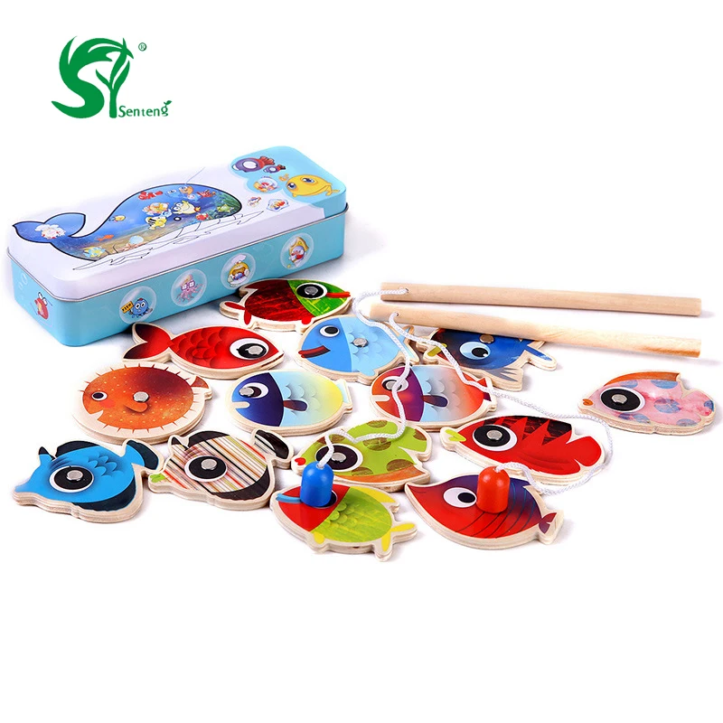 Wooden Toys for children Fish Pesca Play Fishing Game 14 Fishes + 2 Fishing Rods Tin