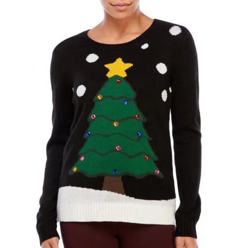 Новинка, милый женский свитер с длинными рукавами и принтом рождественской елки и снега, вязаный джемпер, свитер, пуловер, топы