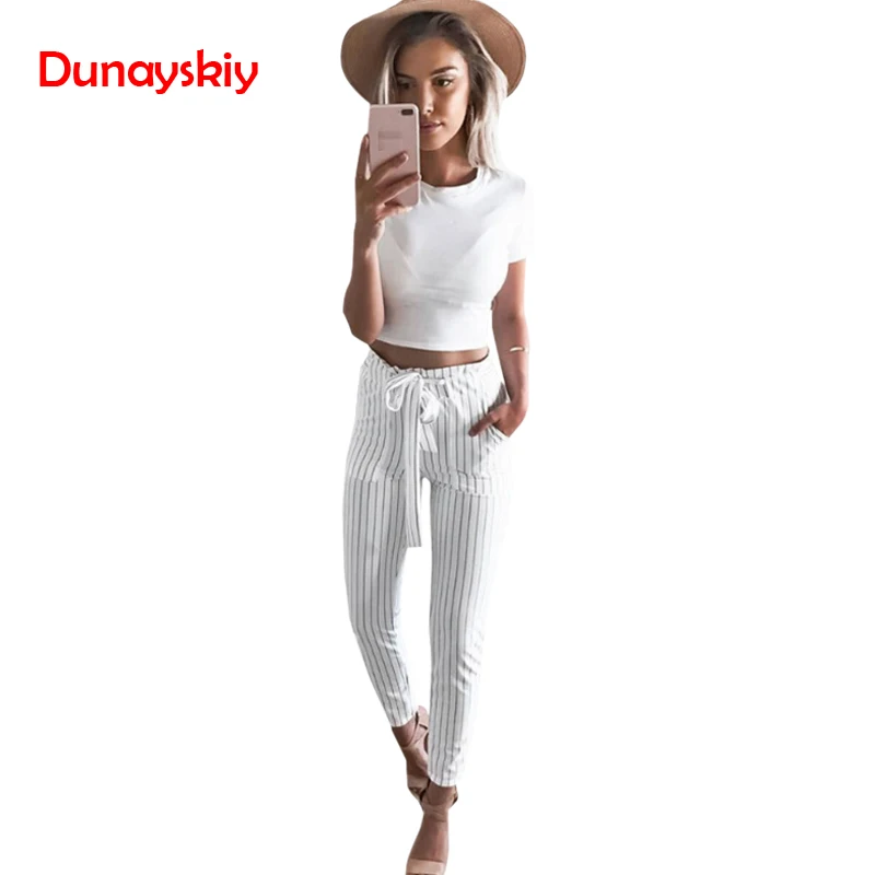 

Dunayskiy Women Chiffon High Elastic Waist Blue White Sashes Striped Ankle-Length Trousers Office Lady Formal Style Pencil Pants