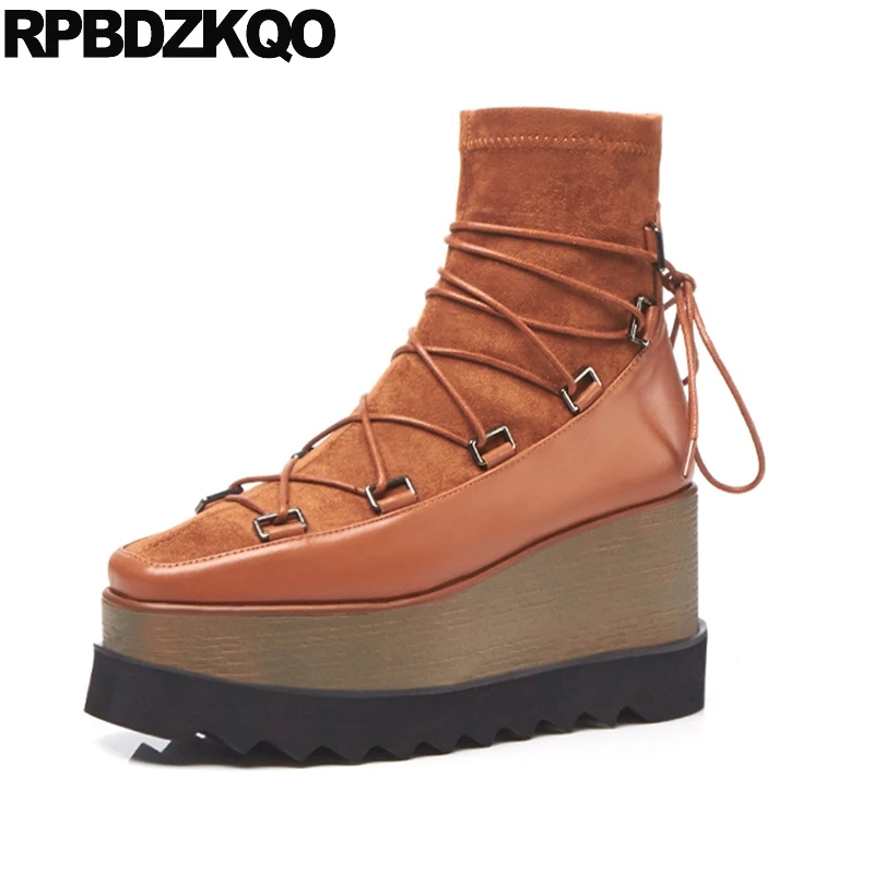 Wedge Platform Fur Stretch Shoes Muffin Square Toe High Heel Ankle