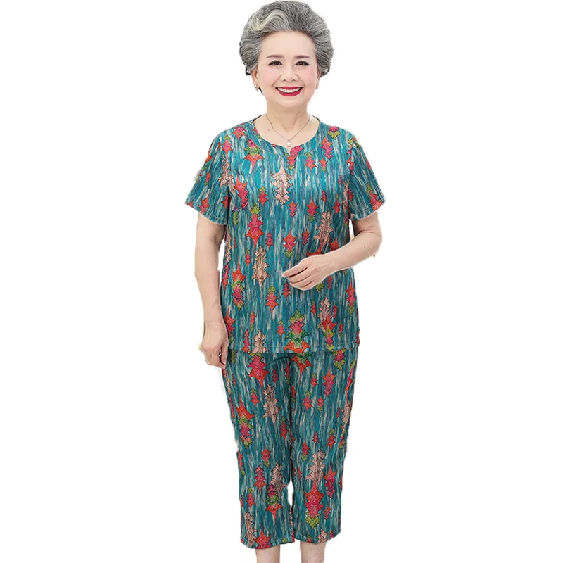 

Elderly Women Summer Silk Suits Sets Red Green Purple Flower Print Twinset Woman Short Sleeve Top And Cropped Trouser Suit Sets