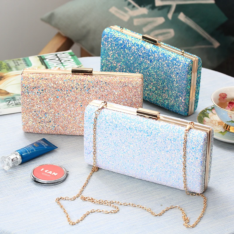 

Lady's Evening Bag Party Banquet Glitter Bag Girls Pink,Blue,White Sequined Wedding Clutches Chains Shoulder Bag Bolsas Mujer