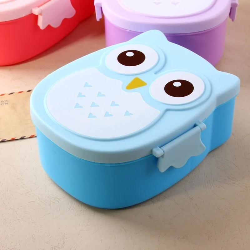 1Pcs Portble Plastic Kids Cute Owl Food Container Lunch Box PP Food Storage Box Portable Purple Pink and Blue 15.5x14x6.6cm