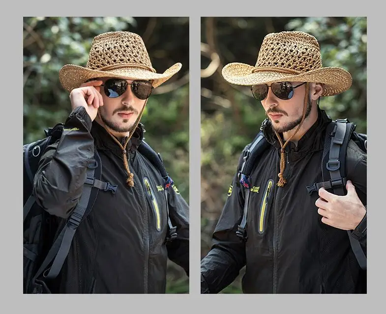 Outdoor Cowboy Hat Men's Summer Hand-made Cowboy Straw Cap Male Casual Fishing Climbing Sun Protection Breathable Hats H7260