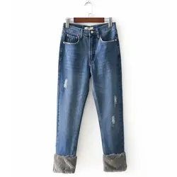ZEBERY голубой отверстие дизайнерские плюшевые штаны модные джинсы женские девять брюки осень-зима Высокая Талия Джинсы для Для женщин