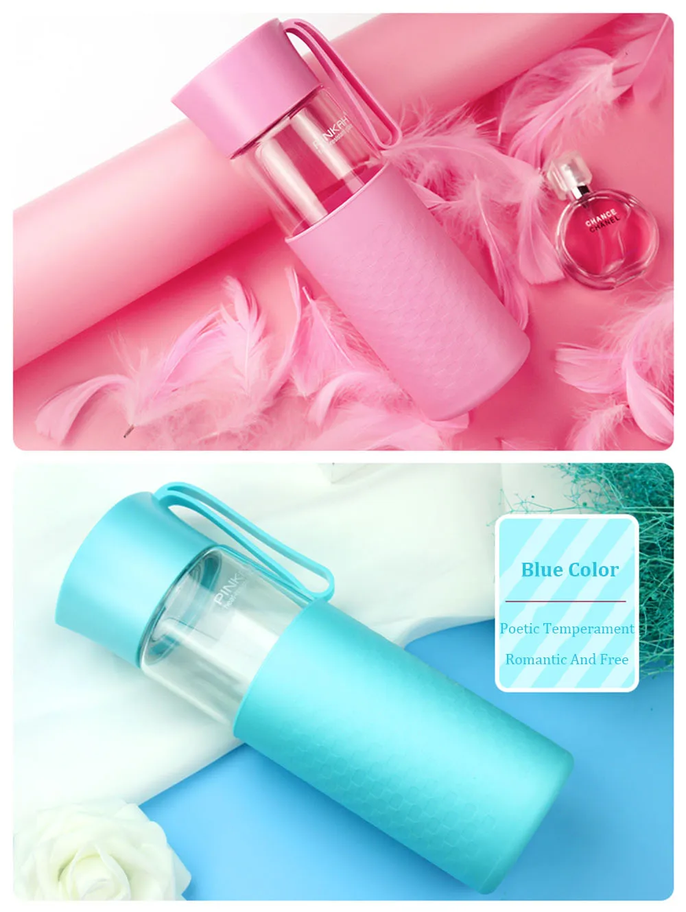 Pinkah Sport Glass Water Bottle With Protective Bag 400500ML Anti-Heat&Cold Protein Shaker High Borosilicate Glass Student Cup  (18)
