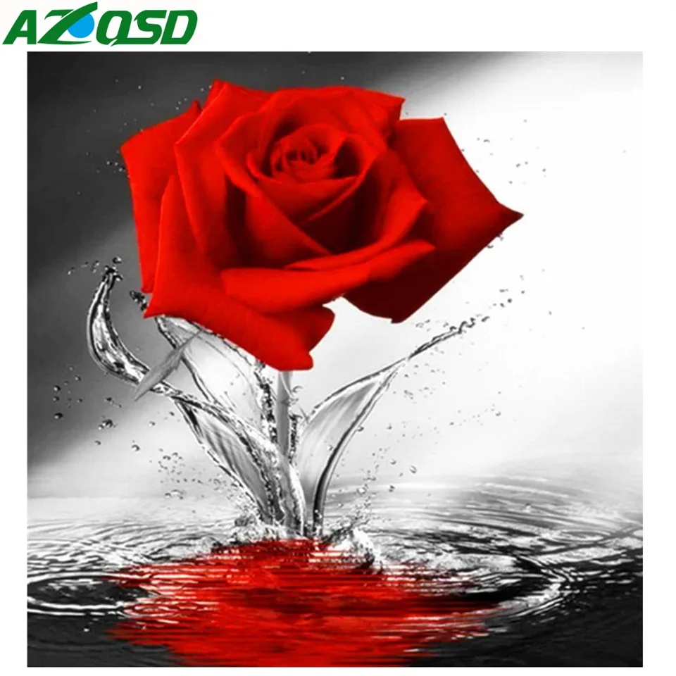 

AZQSD Full Square Diamond Painting Red Rose Cross Stitch 5d Diy Needlework Embroidery Flower Home Decor Rhinestones Gift