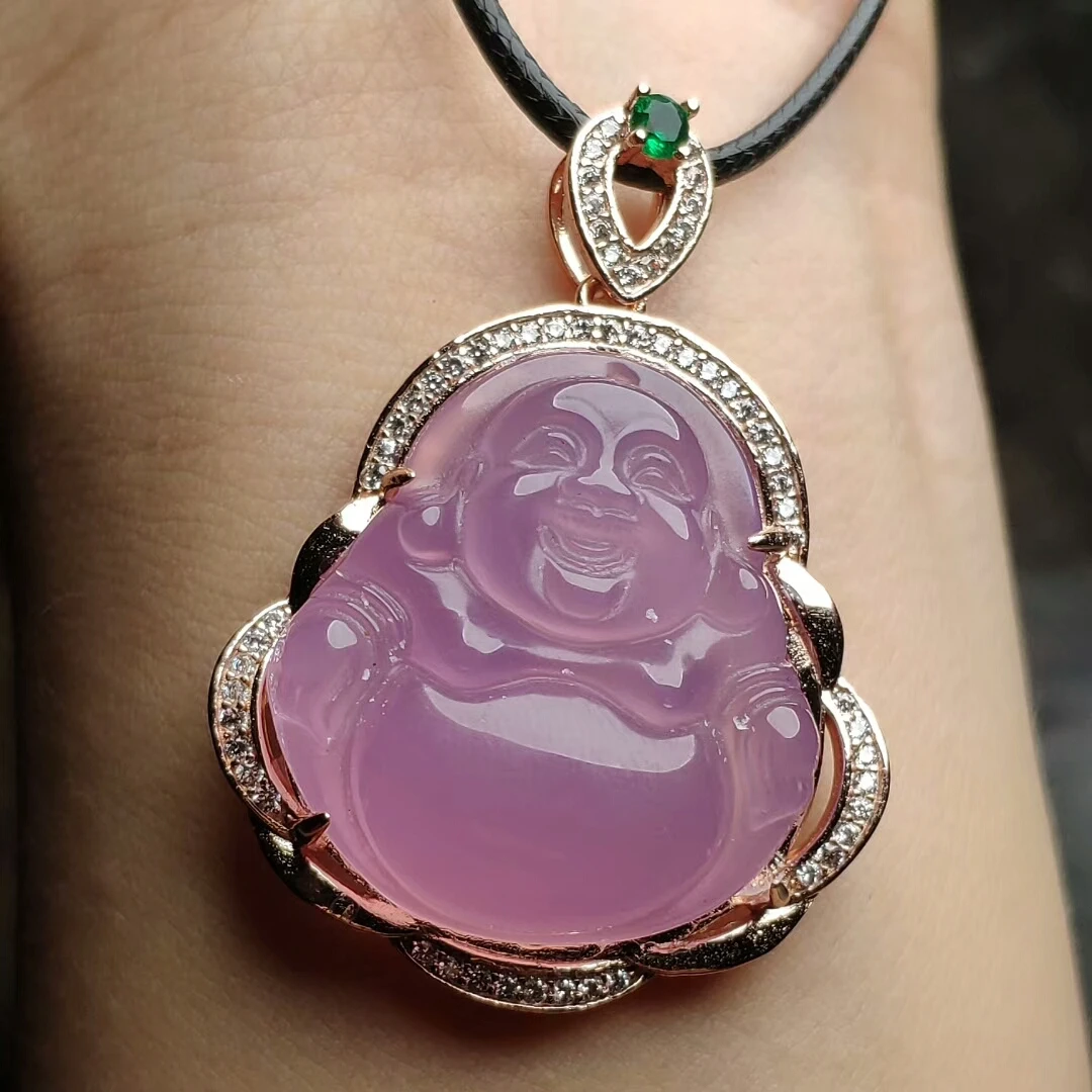 Koraba S925 Sterling Silver Natural Pink Jade Chalcedony Buddha Pendant Leather Rope Gemstone Necklace Women Luxury Jewelry