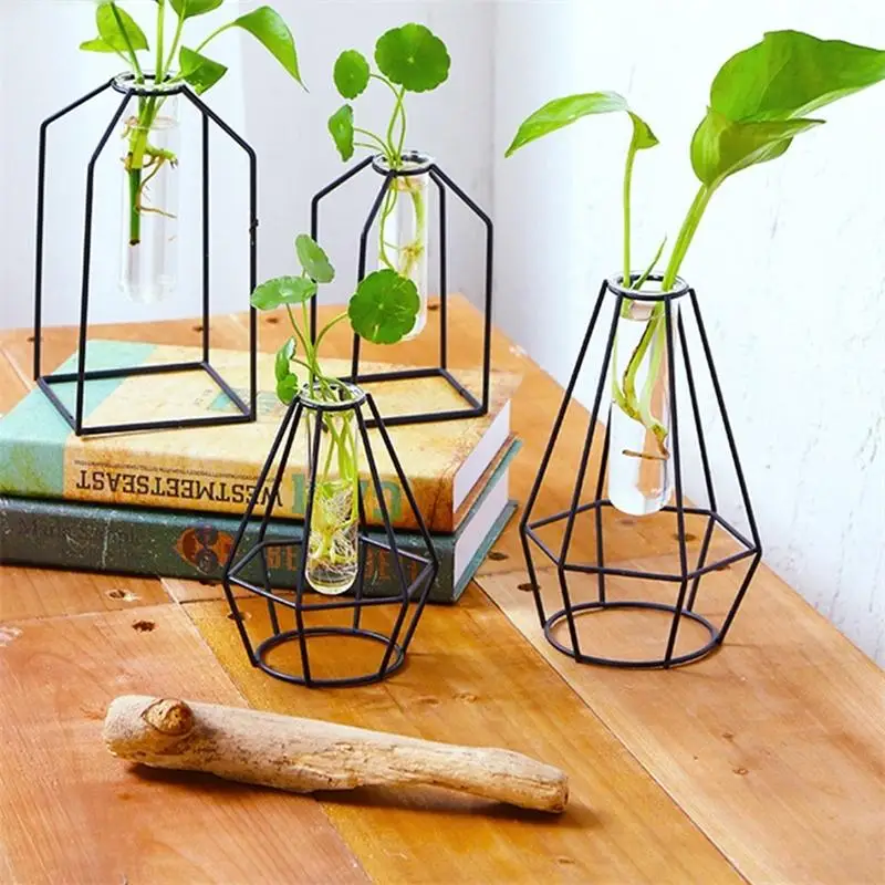 Small Size Stylish Transparent Glass Tube Vase With Iron Stand For