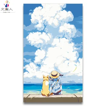 

He and his dog Looking into the distance digital oil Painting By Numbers anime with kits art numbers paint for hoom wall decor