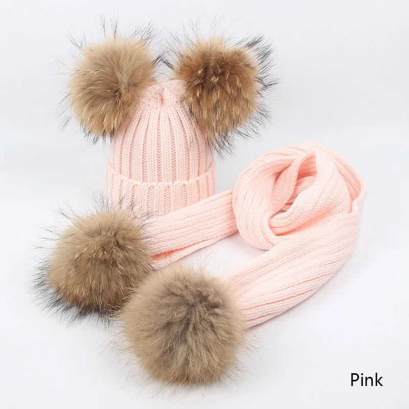 MOLIXINYU/комплект из 2 предметов; детская зимняя шапка; шарф для девочек и мальчиков; шапки; 4 шт.; большая шапка с меховым помпоном; детская шапка; вязаная зимняя шапка - Цвет: pink