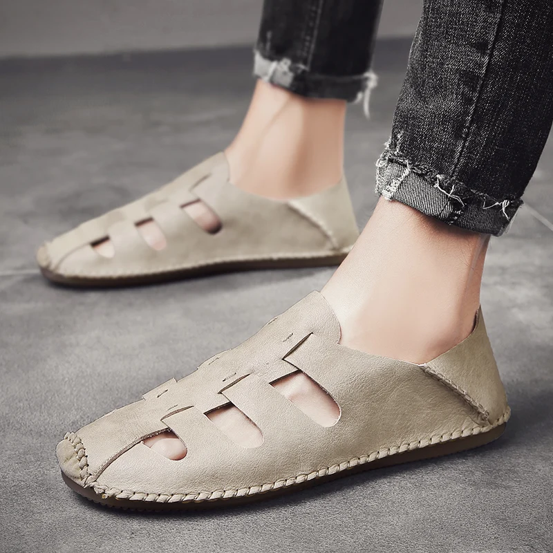 

2019 New Summer Breathable Men's Sandals Soft Genine Leather Casual Shoes Comfortable Flats Man Slippers Fashion Beach Sandals