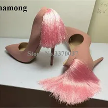 Женские замшевые туфли-лодочки уникального дизайна с острым носком и кисточками; Цвет черный, красный, розовый; модельные туфли на высоком каблуке с бахромой сзади