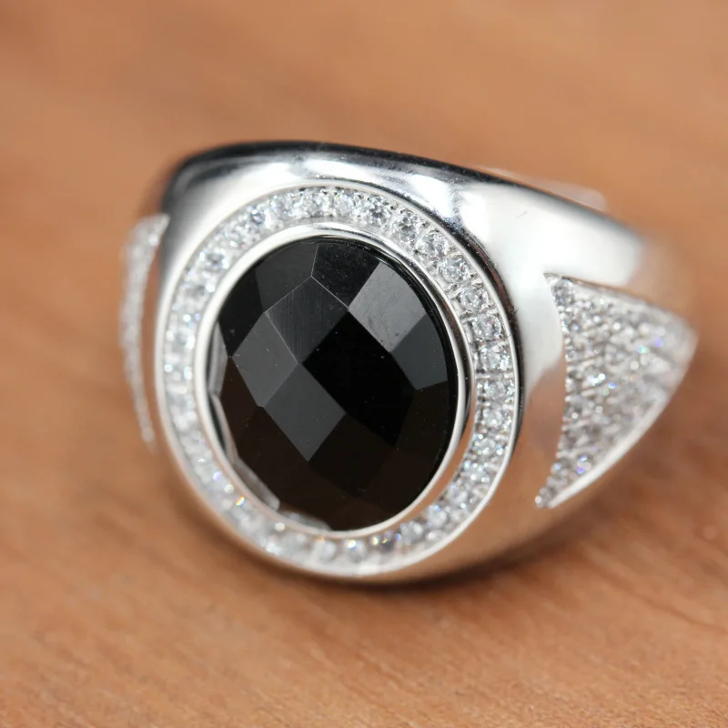 

100%S925 silver ring men's fashion atmosphere black agate inlaid silver ring zircon micro-inlay men's ring free shipping