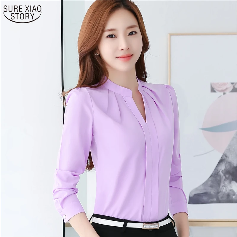 

2019 New Arrival Summer Autumn Plus Size Blusas Women Chiffon Shirt Elegant Solid V-neck Slim Casual Women Blouses 881B 37