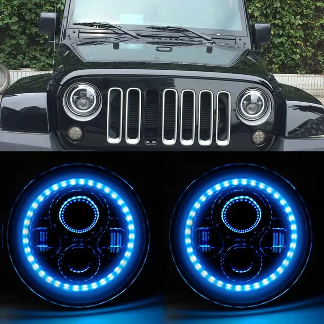 Pair 7 LED Projector Headlamp Blue Daytime Running Light for Jeep