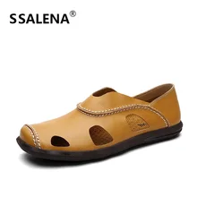 Summer Closed Toe Sandals Men Genuine Leather Hollow Out Soft Footwear Man Slip On Loafers Casual Driving Shoes A863