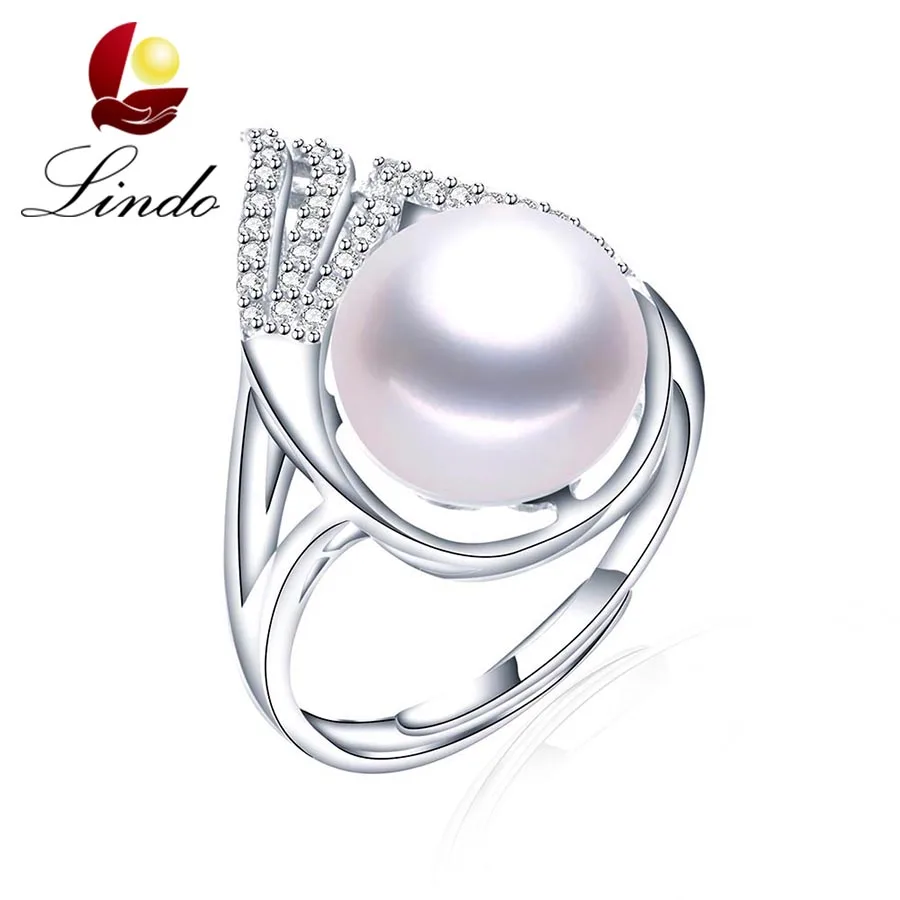

Lindo 11-12mm Big Natural Freshwater Pearl Rings For Women Luxury Crystal Silver 925 Wedding Jewelry Engagement Ring With Box